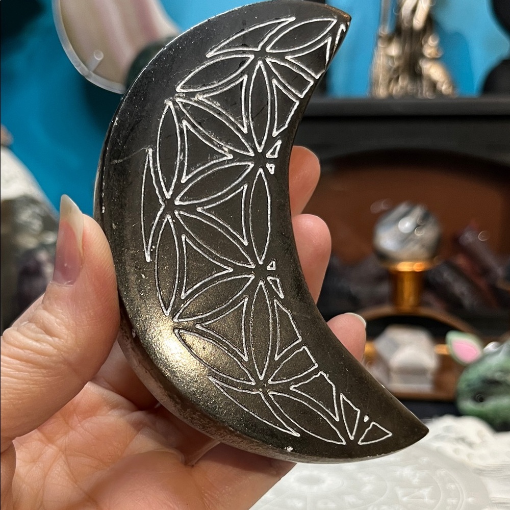 Selenite black dyed moon with etching